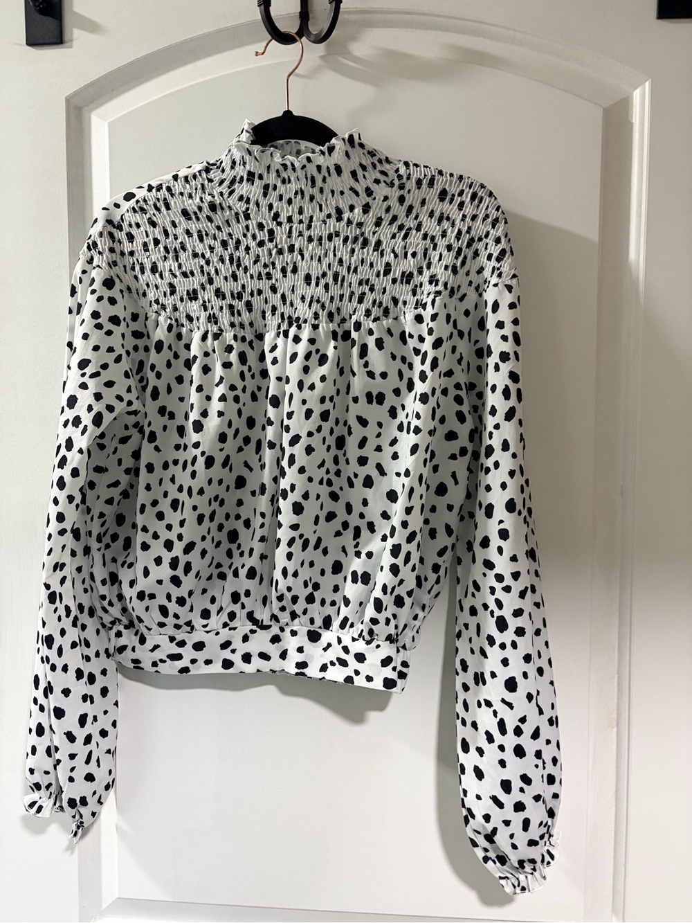 Goodnight Macaroon. Smocked High-Neck Black & White Blouse Size small.